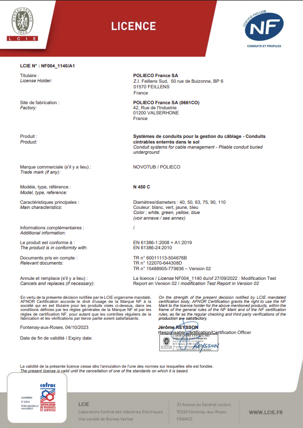 Certificat NF 450 NOVOTUB Couronne - LCIE