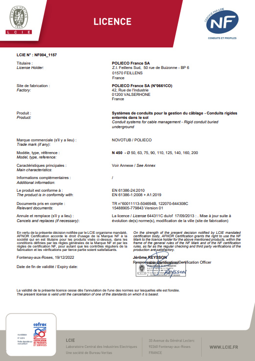 Certificat NF 450 NOVOTUB Barre - LCIE